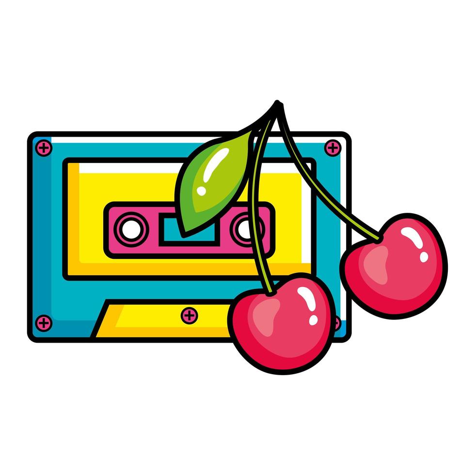 Cassette de música con cerezas icono de estilo pop art vector