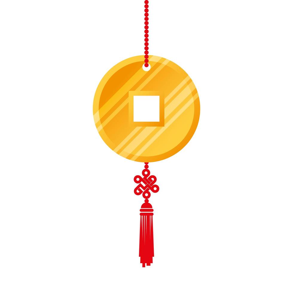 golden coin feng shui hanging isolated icon vector