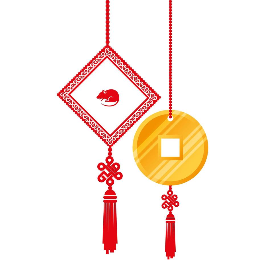golden coin feng shui with decoration hanging isolated icon vector