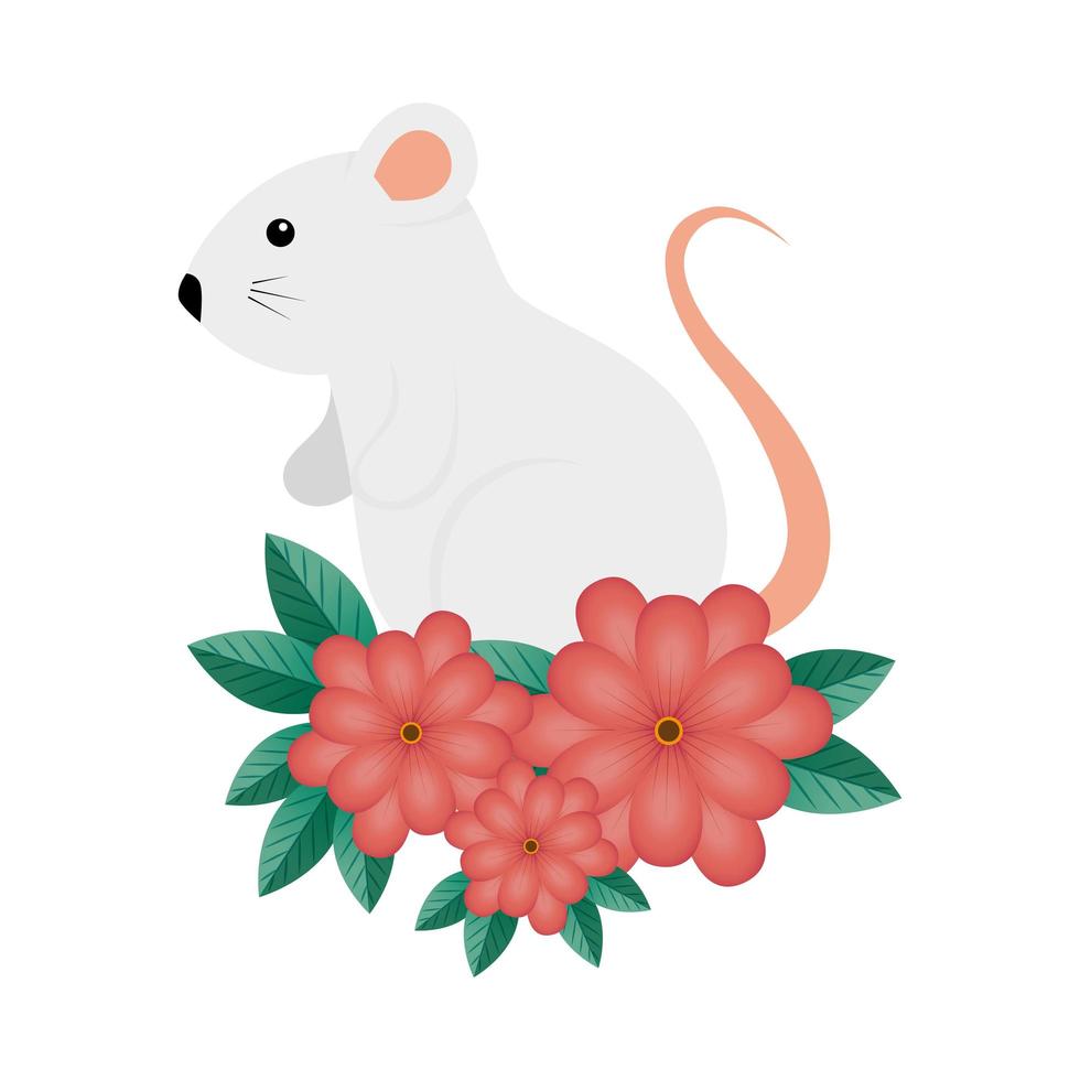 lindo, rata roedor, con, flores, aislado, icono vector