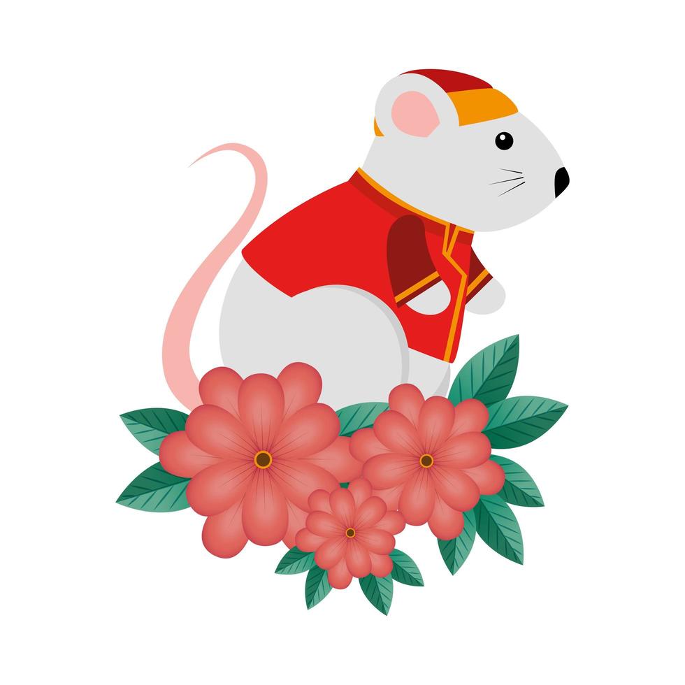 cute rodent rat with clothes chinese and flowers vector