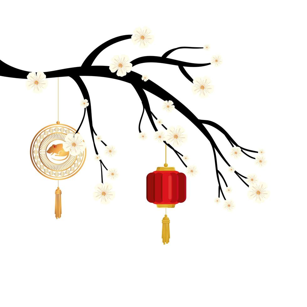 rama de árbol con linterna y decoración colgante chino vector