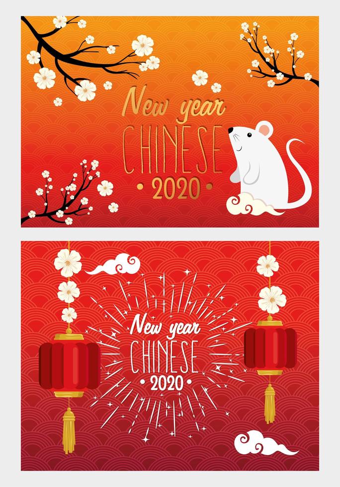 set poster of happy new year chinese with decoration vector