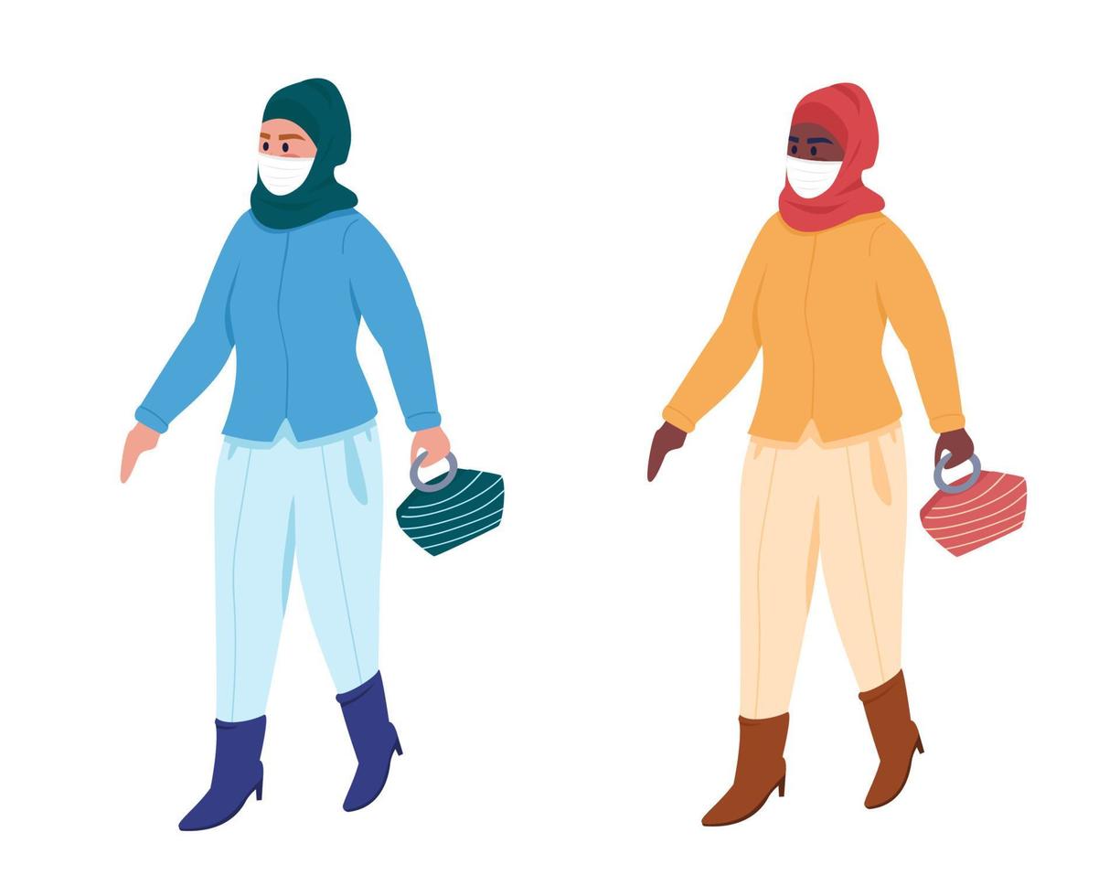 Woman in mask on walk semi flat color vector character set. Posing