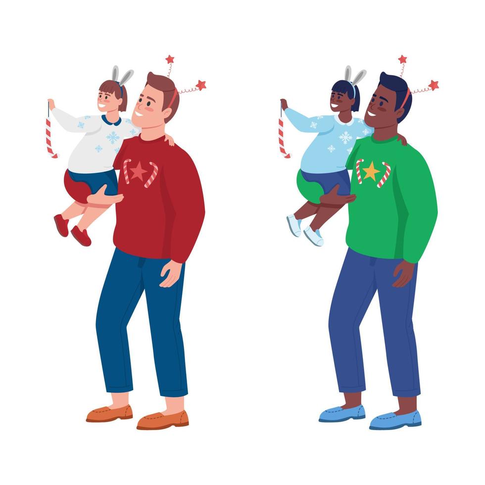 Father helps son to decorate semi flat color vector characters set. Posing figures. Full body people on white. Christmas isolated modern cartoon style illustration for graphic design and animation