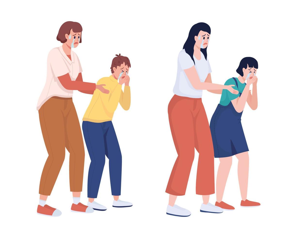 Crying mothers with children semi flat color vector characters set. Women with kids scared of dangerous situations isolated modern cartoon style illustrations for graphic design and animation