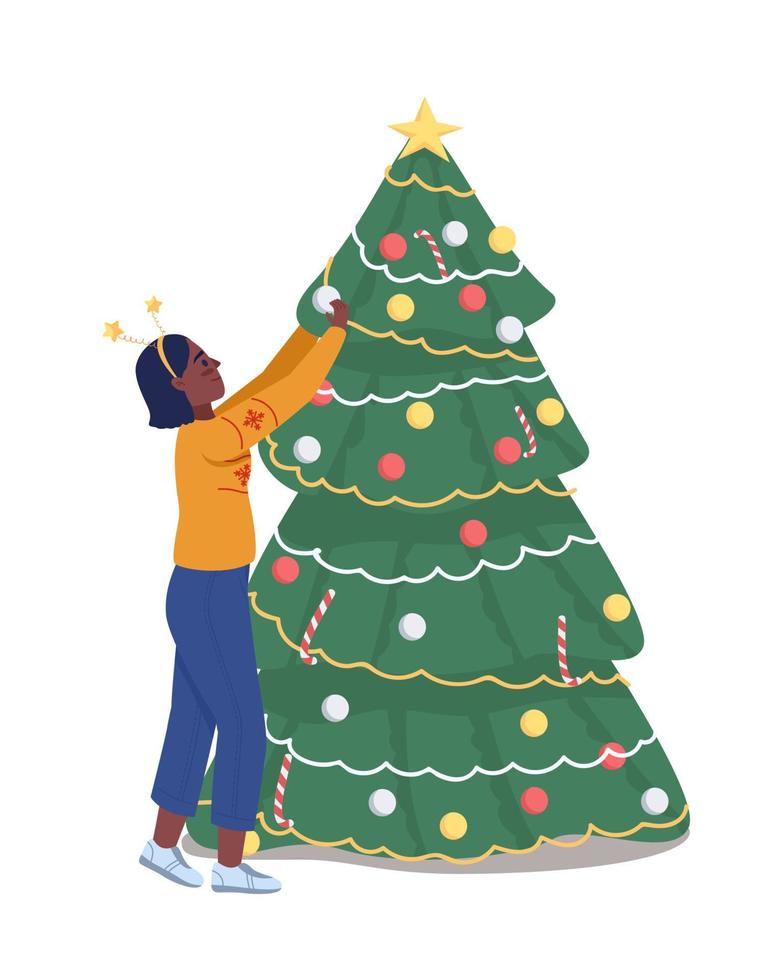 Mujer que adorna el carácter del vector del color semi plano del árbol de navidad. posando figura. persona de cuerpo entero en blanco. Ilustración de estilo de dibujos animados moderno aislado temporada de invierno para diseño gráfico y animación