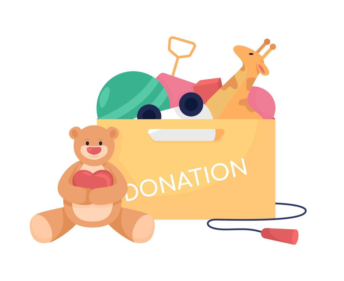 Donation box with toys semi flat color vector item. Full realistic object on white. Supply for humanitarian aid isolated modern cartoon style illustration for graphic design and animation