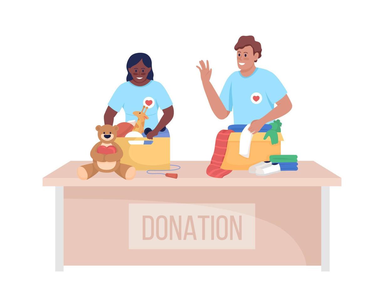 Volunteers with charity boxes semi flat color vector character. Posing figure. Full body person on white. Social service isolated modern cartoon style illustration for graphic design and animation