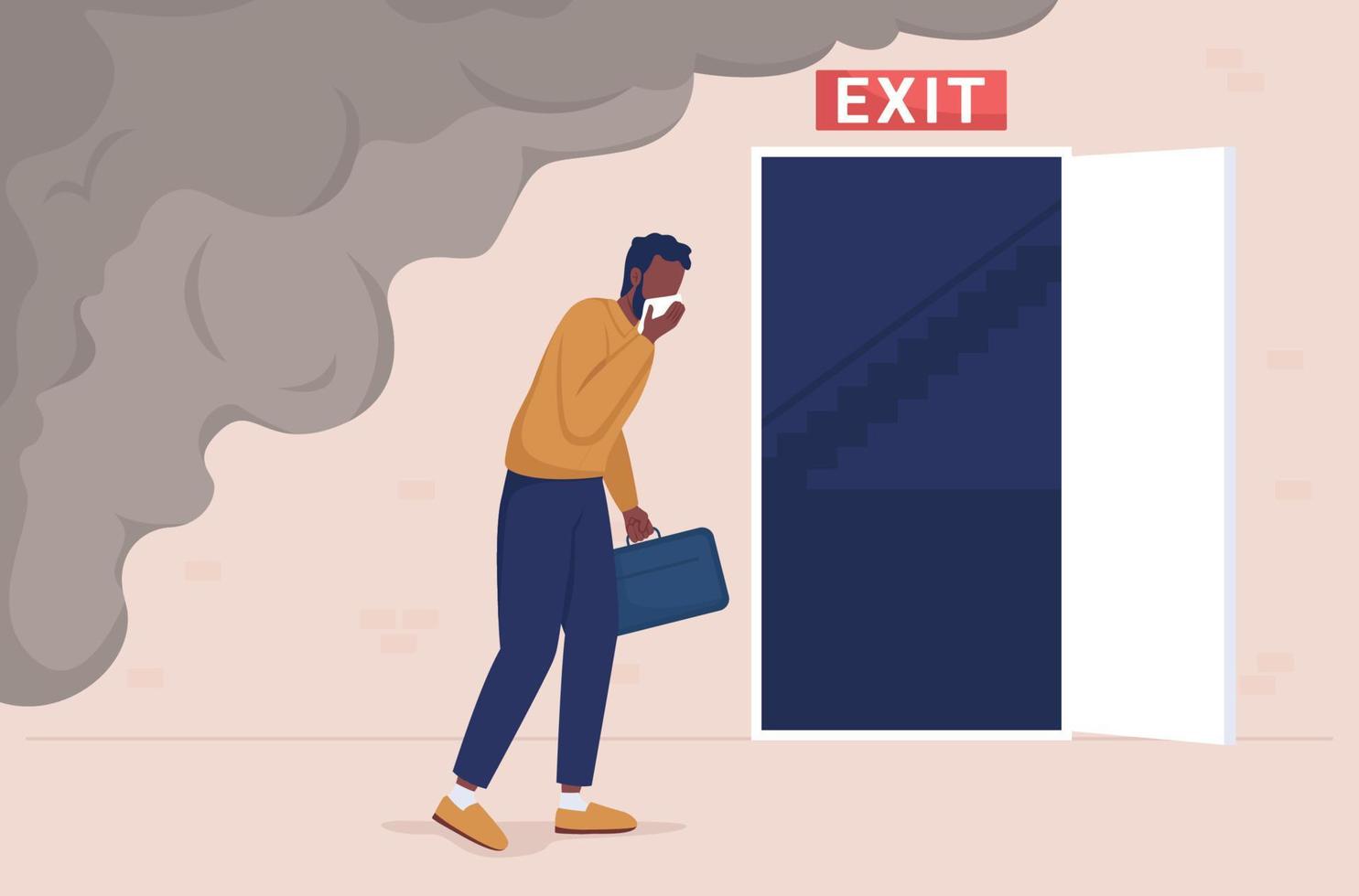 Emergency evacuation from fire flat color vector illustration. Office employee run from smoke. Man escaping emergency situation 2D cartoon character with opened doorway to stairs on background