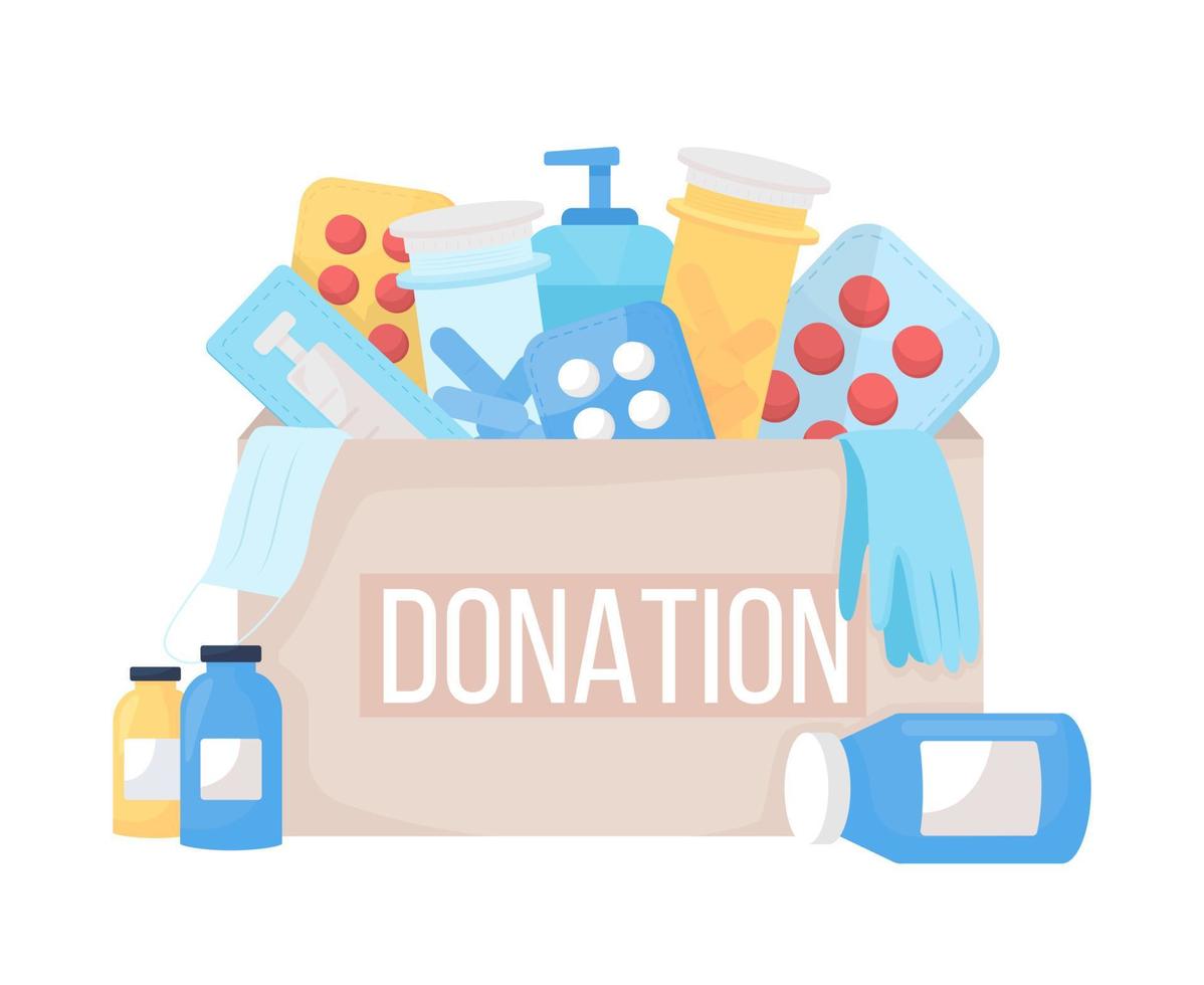 Donation box with meds semi flat color vector item. Full realistic object on white. Supply for humanitarian aid isolated modern cartoon style illustration for graphic design and animation