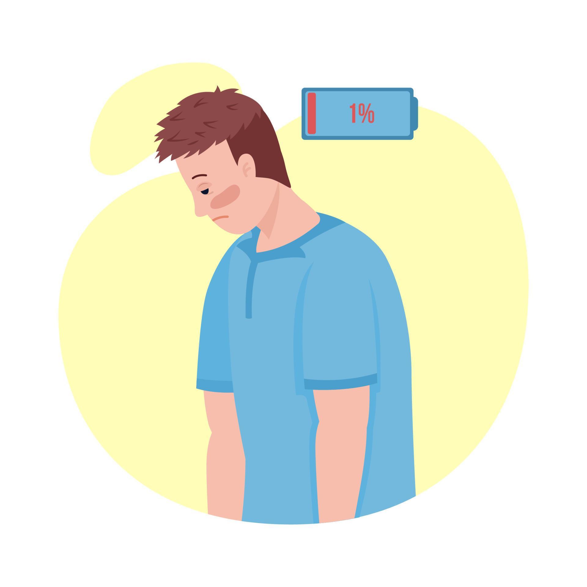 Man with fatigue semi flat color vector character. Posing figure. Full
