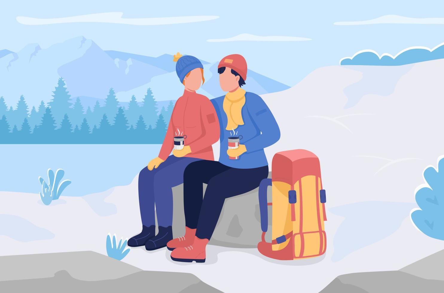 Winter camping rest flat color vector illustration. Wintry mountains and hills in snow. Stay warm in cold weather. Couple sitting and drinking tea 2D cartoon characters with frozen lake on background