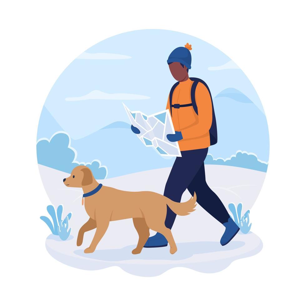 Man on hiking route 2D vector isolated illustration. Guy staying on track with animal companion. Backapacker with dog flat character on cartoon background. Active wintertime recreation colourful scene