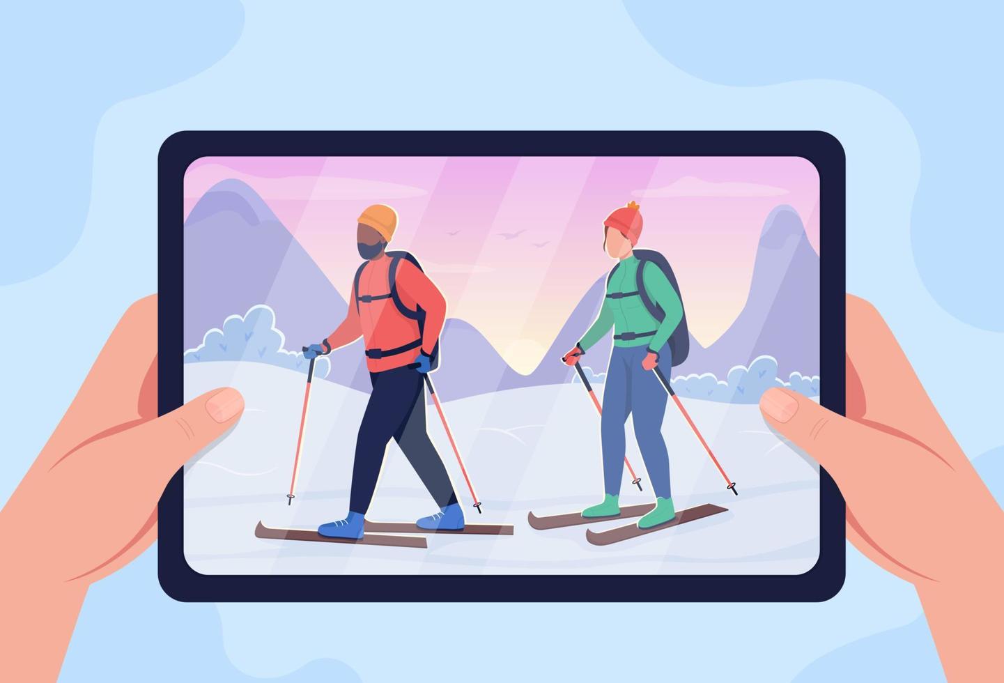 Watching video on skiing flat color vector illustration. Couple doing winter activity together. Seasonal training. Holding tablet 2D cartoon first view hand with broadcast on background