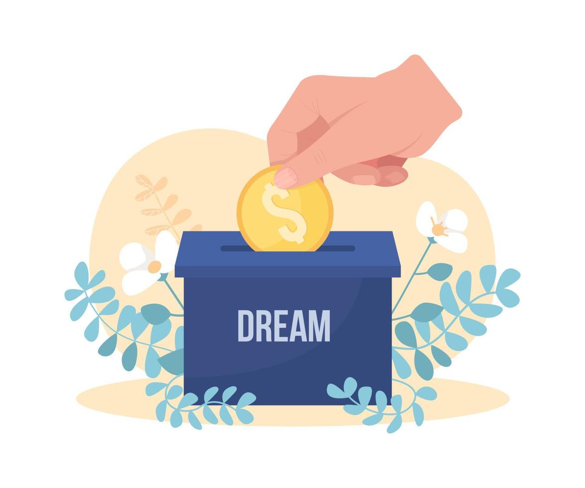 Saving money for dream 2D vector isolated illustration. Give coin to box. Help non profit fund. Monetary donation to charity flat scene on cartoon background. Generous contribution colourful scene