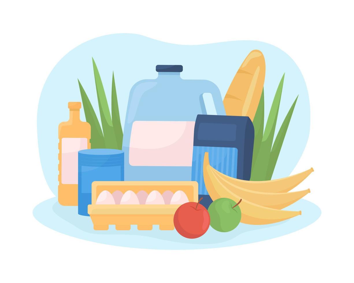 Grocery food 2D vector isolated illustration. Vegetables and eggs in container. Products from supermarket flat composition on cartoon background. Retail and commerce colourful scene