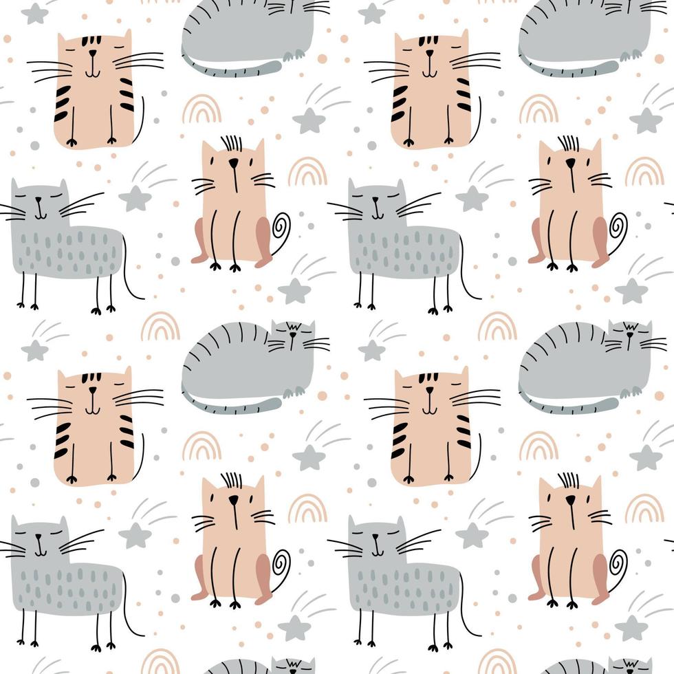 lindo gato y estrellas patrón de bebé de vector transparente sobre fondo blanco escandinavo aislado. para niños tela, tela, telón de fondo, papel tapiz. formato imprimible