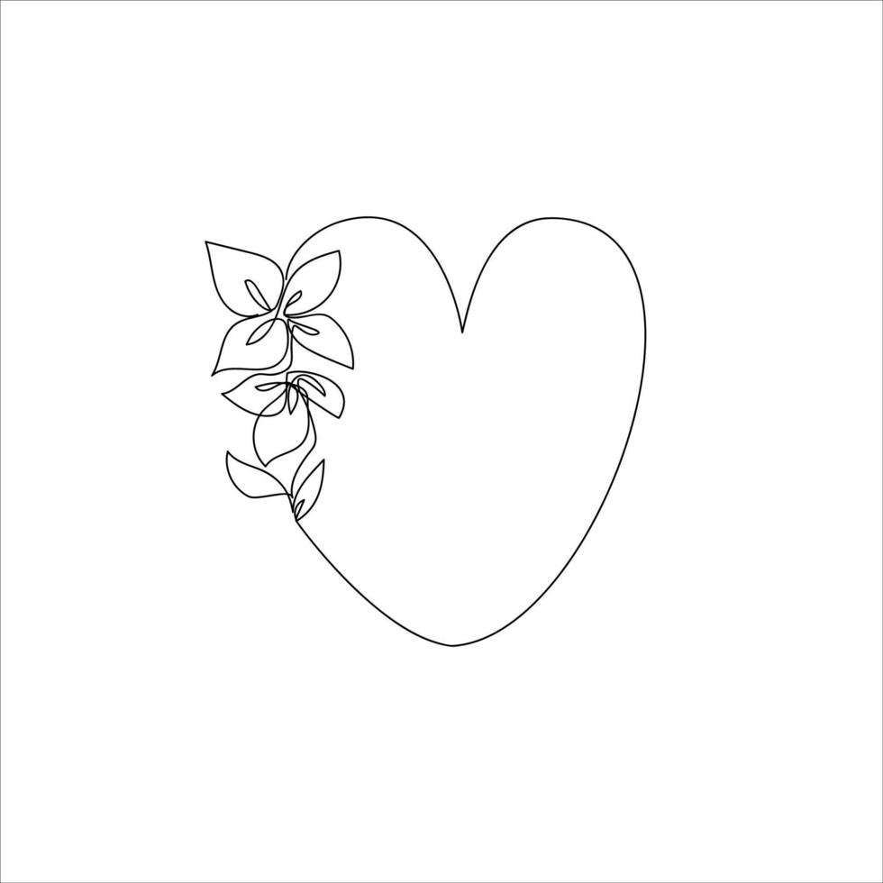 Heart with flowers drawn by one line. Sketch for valentine's day, wedding. Continuous line drawing romantic art. Isolated. Vector illustration.