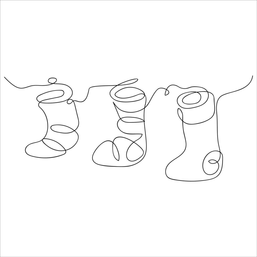 Cute Christmas socks drawn with one line. Holiday sketch. Christmas decoration.  Continuous line drawing art. Minimal style. Vector illustration.