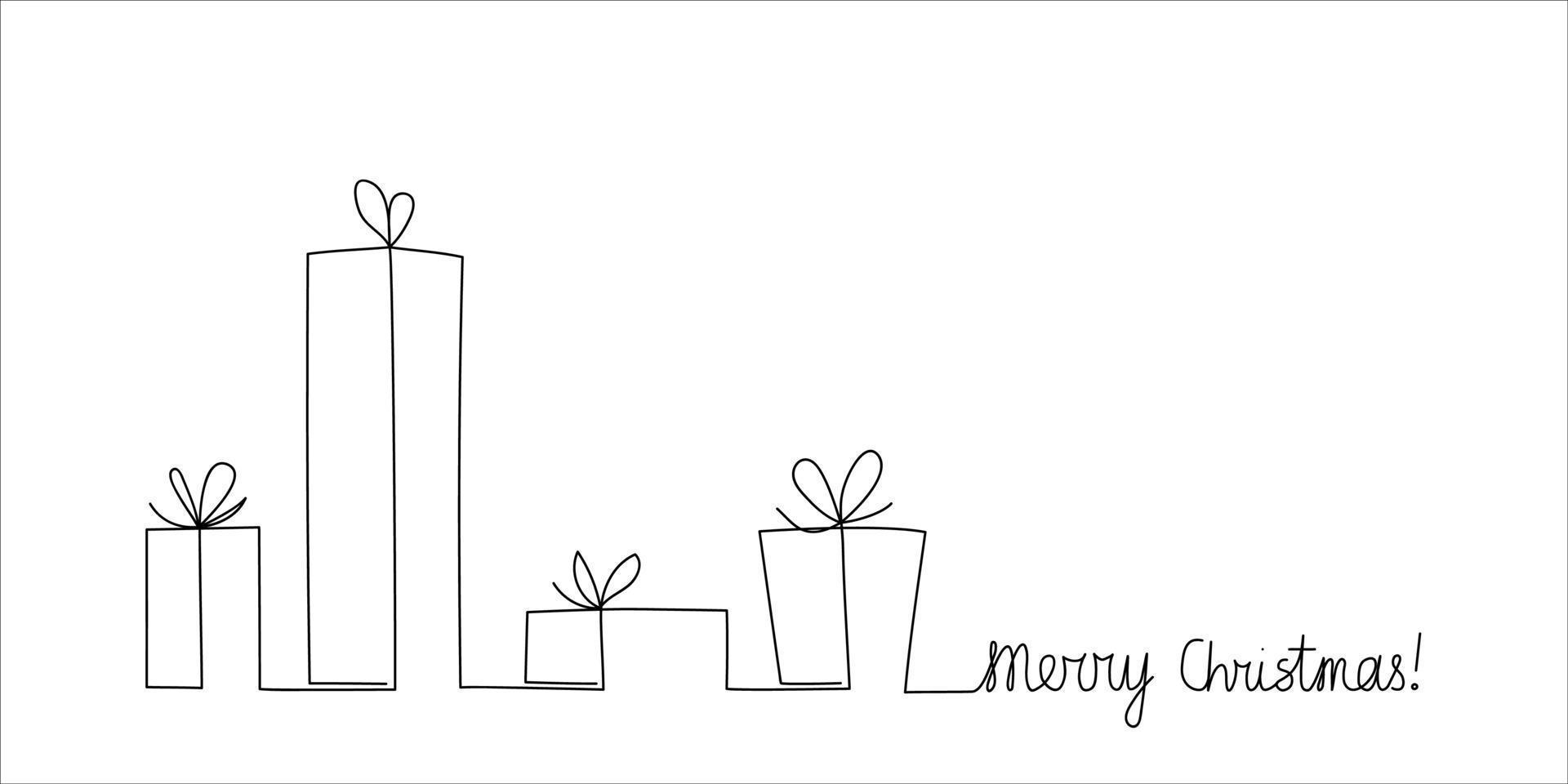 Different forms gift boxes and Merry Christmas text drawn by one line. Isolated. Greeting banner or card. Continuous line drawing art. Vector illustration.