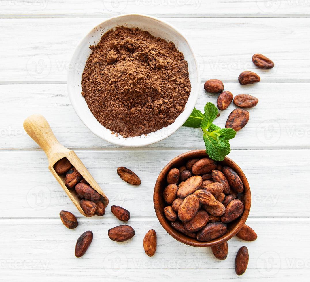 cuenco con cacao en polvo y frijoles foto