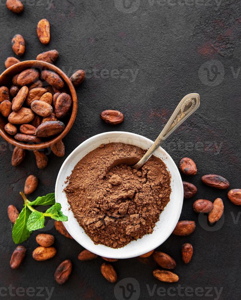 cuenco con cacao en polvo y frijoles foto