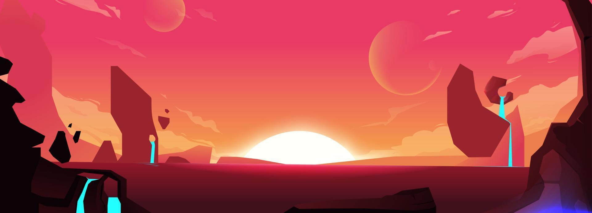 Background with red planet and mountains with water. Dawn in space, the sun on the horizon. Cartoon vector illustration