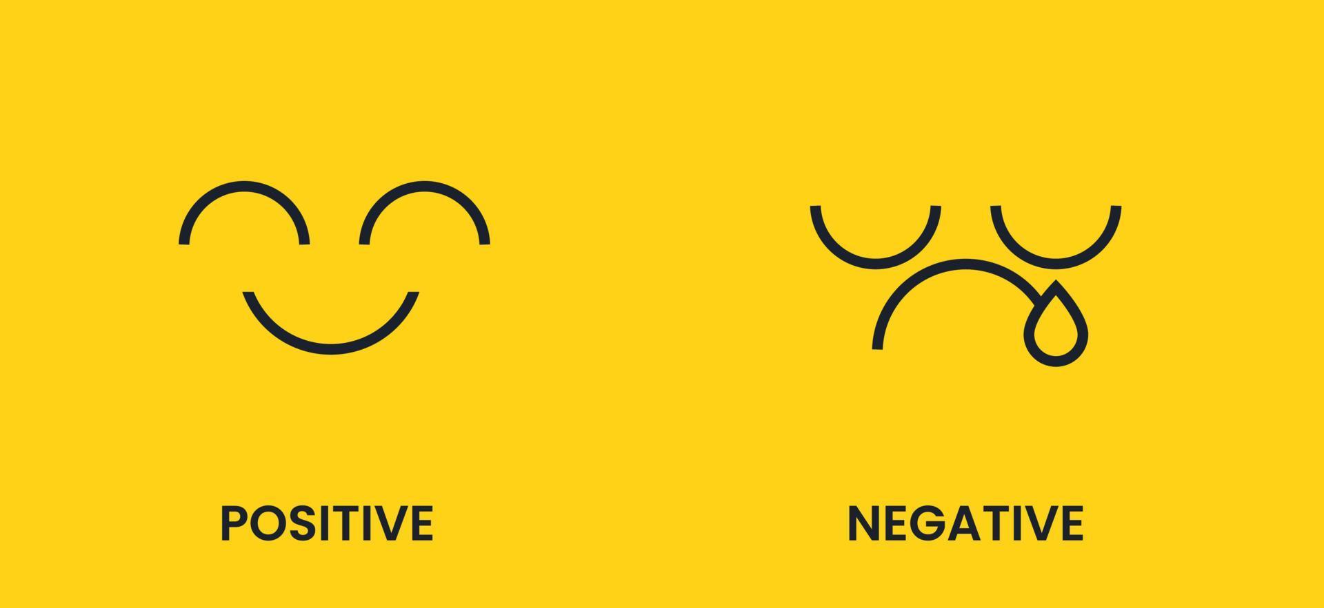 positivo y negativo. Emoticon triste y alegre con una sonrisa negra sobre un fondo amarillo. banner de vector de antónimos.