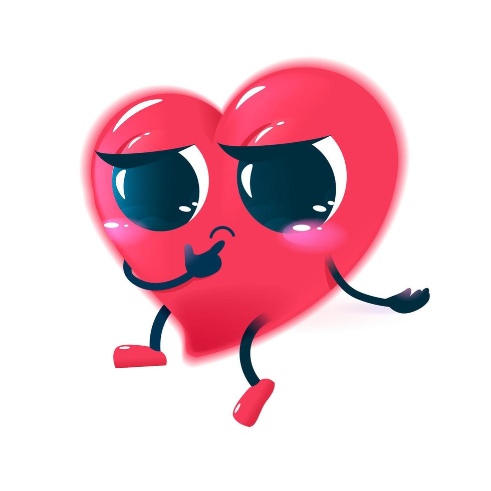 Red sad heart character. Cute face with big eyes and hands and legs. Vector cartoon illustration for kids.