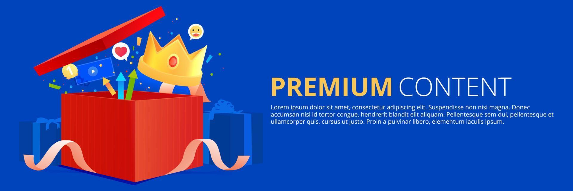 contenido premium. caja de regalo con cinta y dinero y corona y otras bonificaciones. ilustración de dibujos animados de vector