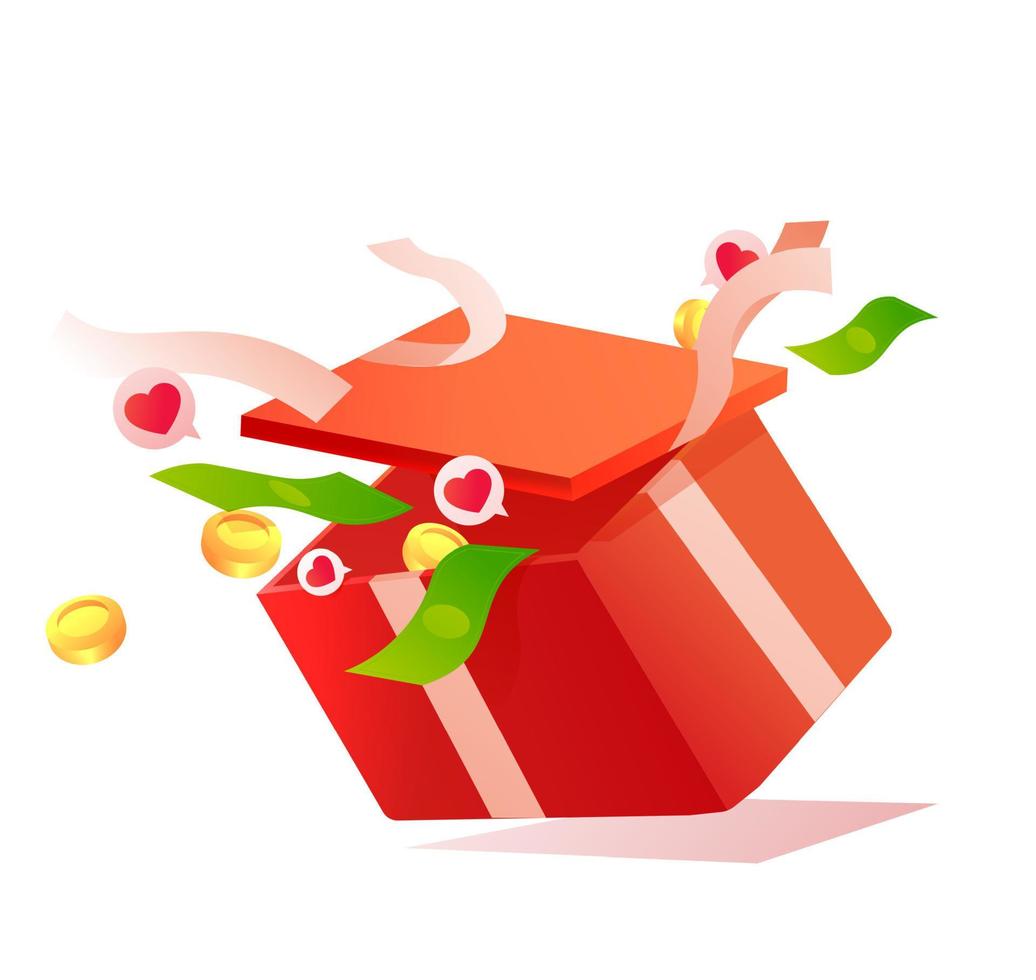 Red gift box with ribbon. Bonuses money with earn points for the loyalty program. Vector illustration. Birthday concept. Surprise present.
