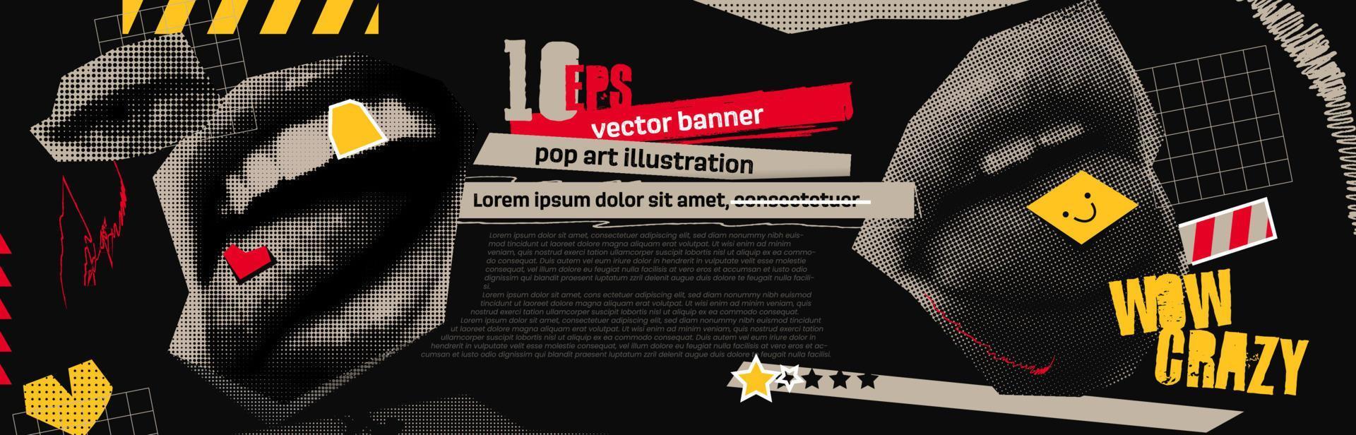 Discounts vector collage grunge banner. Lips and eyes, with a smiley face and a heart stamp on the tongue. Doodle elements on retro poster. Stylish modern advertising poster design