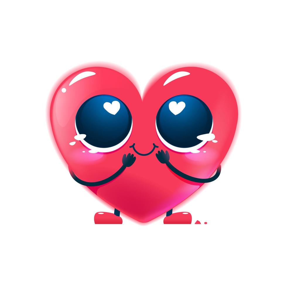 Red happy heart character. Cute face with big eyes and hands and legs. Vector cartoon illustration for kids.