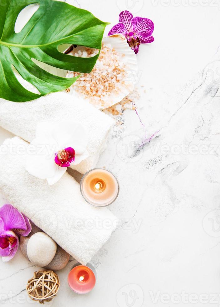 Natural spa ingredients with orchid flowers photo