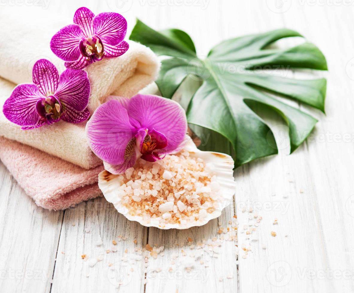 Natural spa ingredients with orchid flowers photo