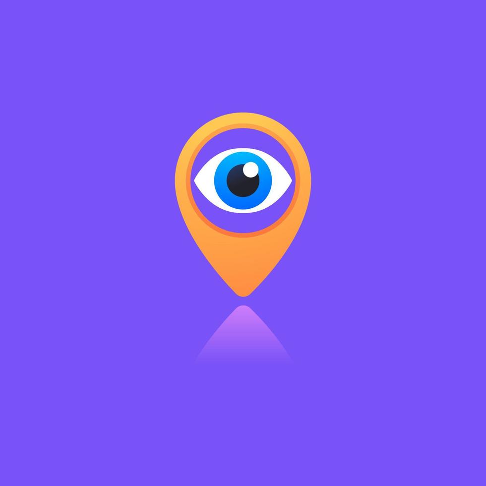 Eye logo on violet background. Vector design template. Local optic logotype. Logograms with geo pin.