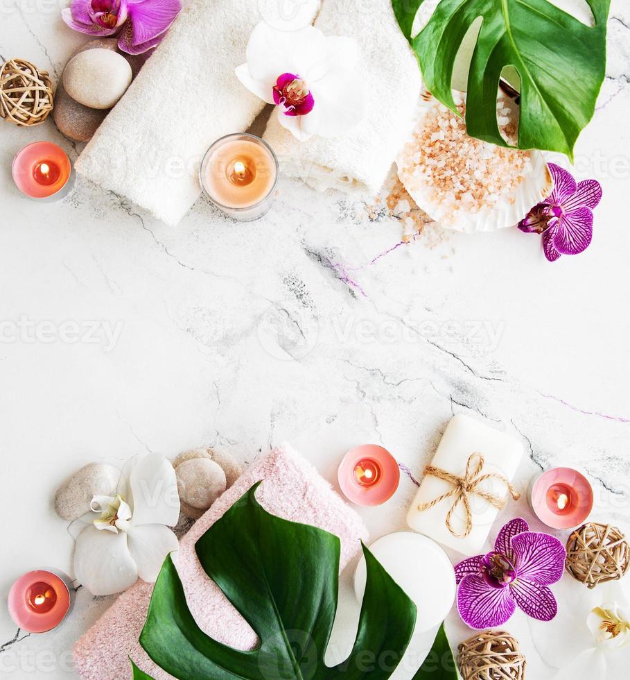 Natural spa ingredients with orchid flowers photo