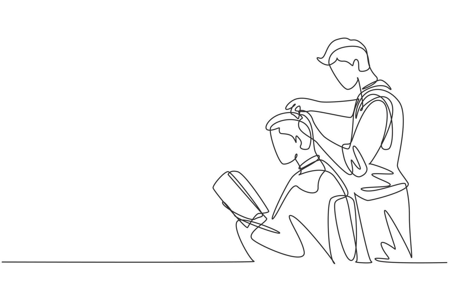 Single continuous line drawing barber shop client, which is getting his perfect haircut from a classy dressed stylist, reading the magazine and waiting for result. Dynamic one line draw graphic design vector