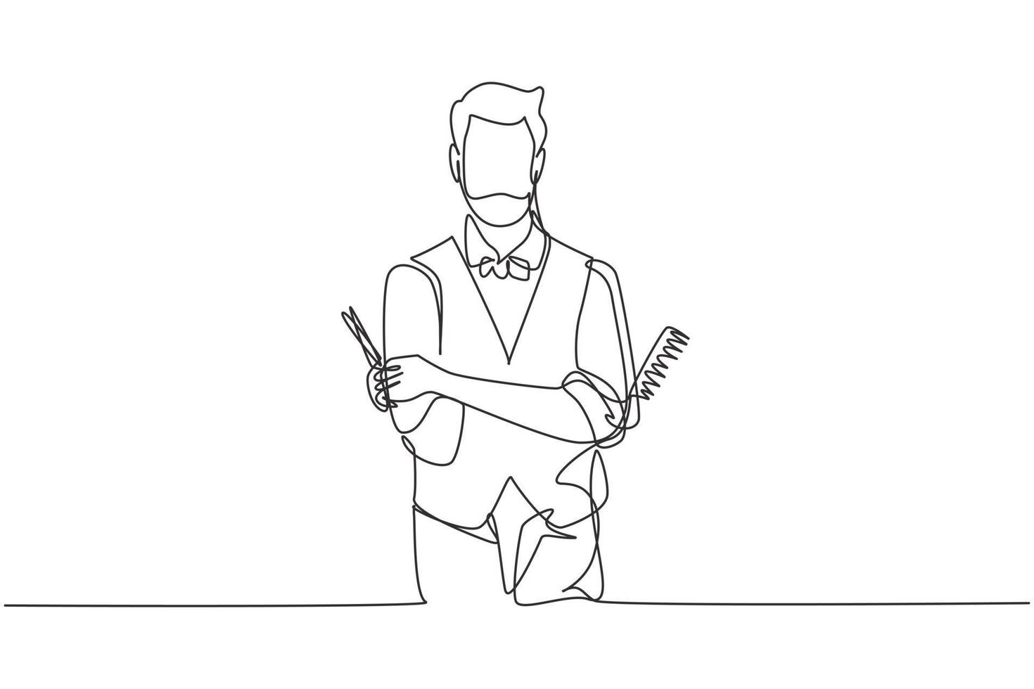 Continuous one line drawing empty place of virile harsh barber having his arms crossed, holding equipment in hand. Professional barber concept. Single line draw design vector graphic illustration