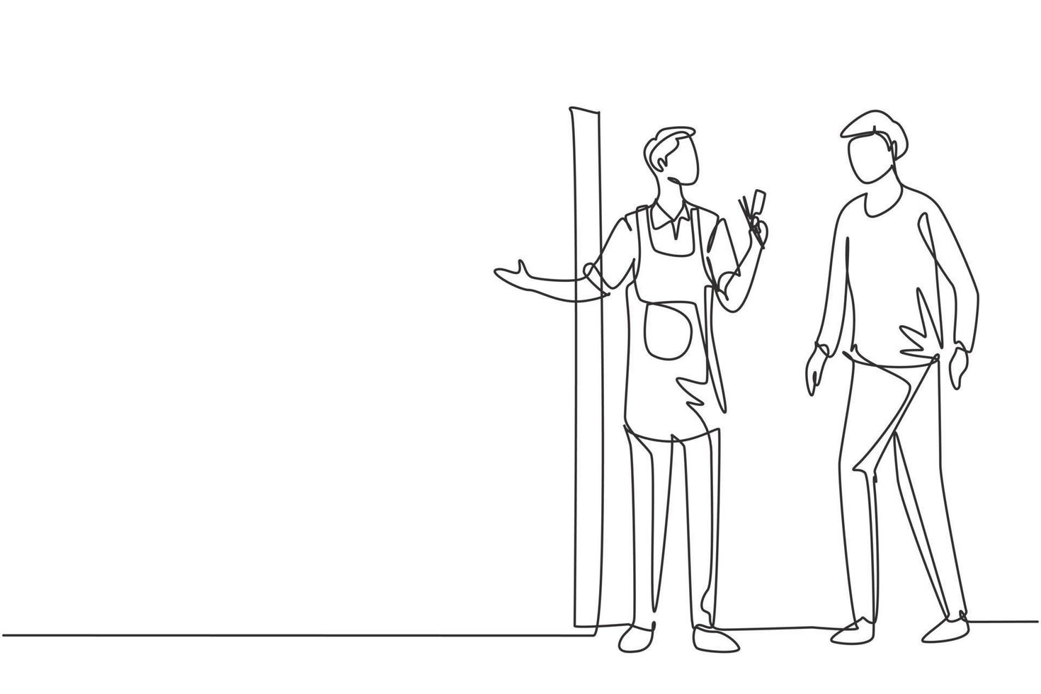 Single one line drawing hipster client visiting and hairdresser welcome customers to enter barber shop. Hairstylist gentleman concept. Modern continuous line draw design graphic vector illustration