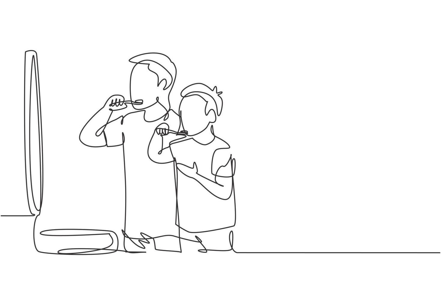 Single one line drawing smiling father and son holding toothbrushes and looking at mirror in bathroom. Habits for health of mouth and teeth. Continuous line draw design graphic vector illustration