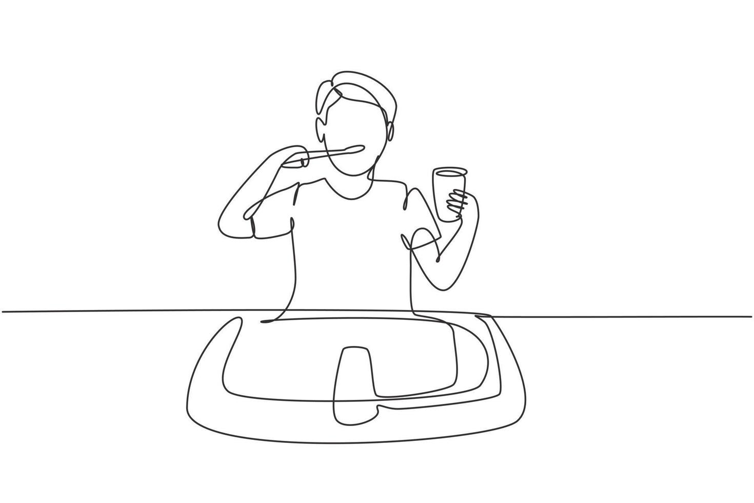 Single continuous line drawing man brushing his teeth in sink. Routine habits every morning for cleanliness, health, and freshness of mouth and teeth. One line draw graphic design vector illustration