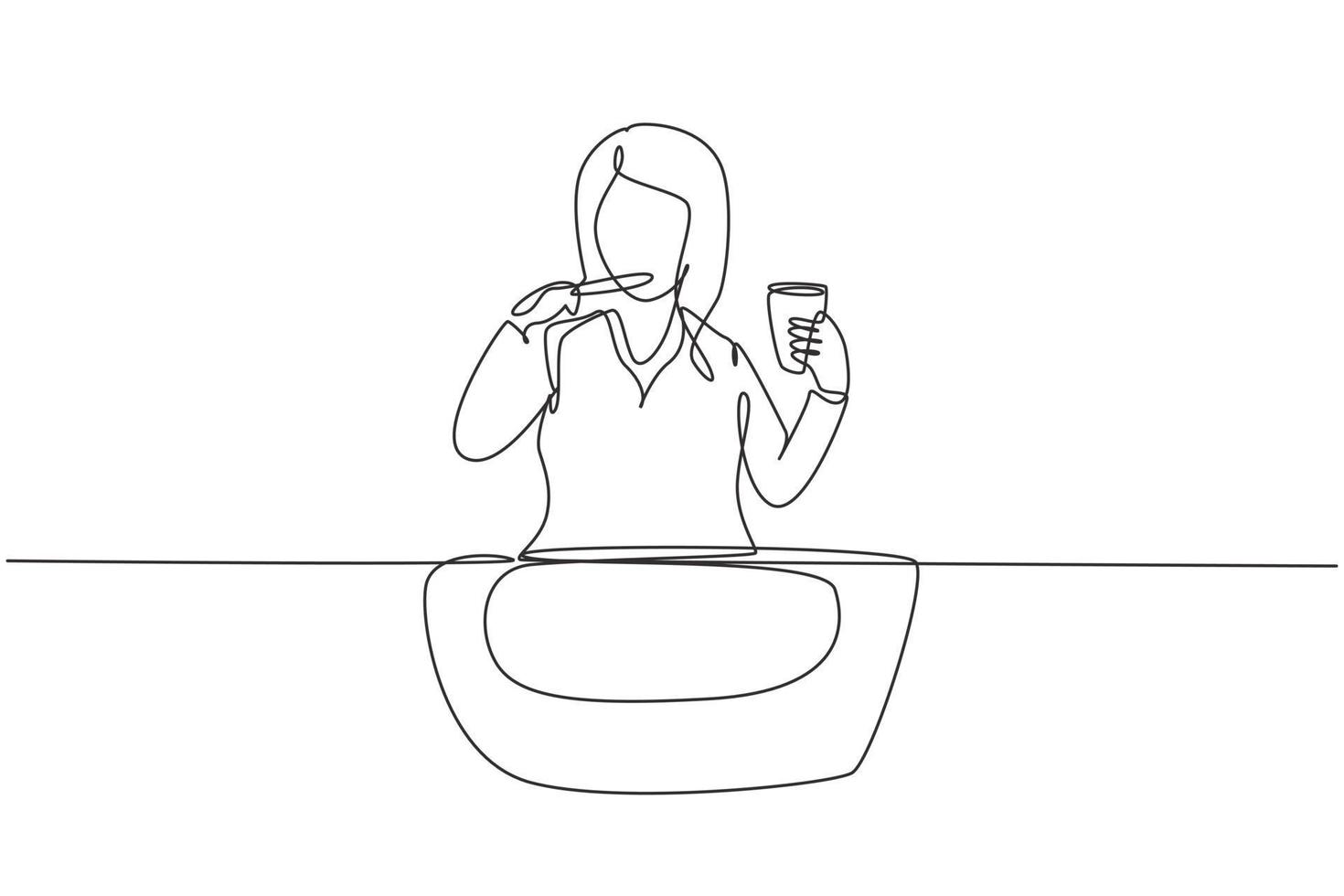 Single continuous line drawing woman brushing her teeth in sink. Routine habits every morning for cleanliness, health, freshness of mouth and teeth. One line draw graphic design vector illustration