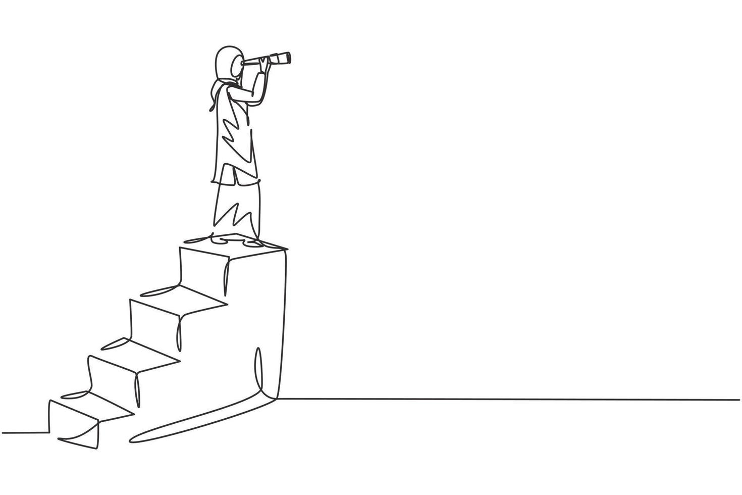 Single one line drawing vision concept in business of Arab businesswoman and telescope, monocular. Symbol leadership, strategy, mission, objectives. Continuous line design graphic vector illustration