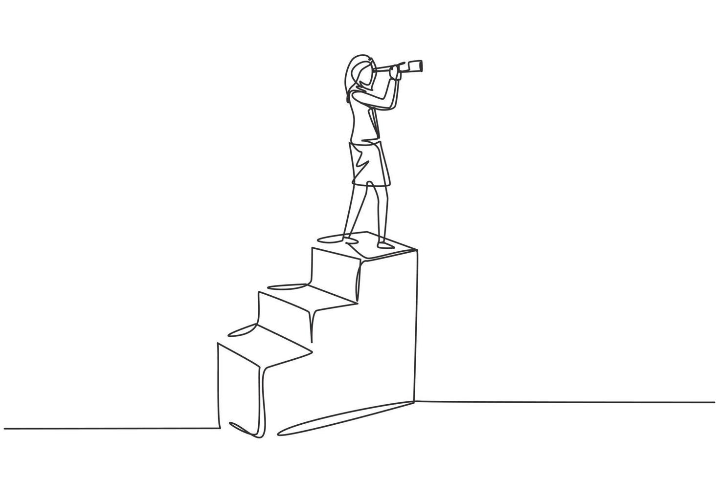 Single continuous line drawing vision concept in business of businesswoman and telescope, monocular. Symbol leadership, strategy, mission, objectives. One line draw graphic design vector illustration