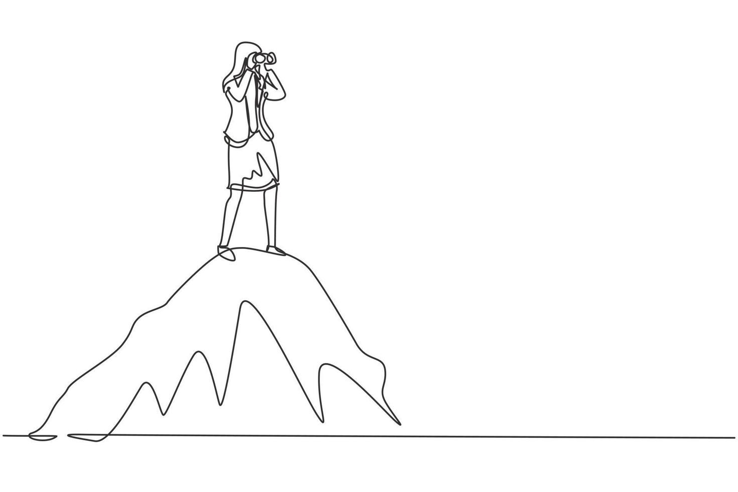 Single continuous line drawing businesswoman standing on hill while looking at binoculars. Symbol leadership, strategy, mission, objectives. Dynamic one line draw graphic design vector illustration