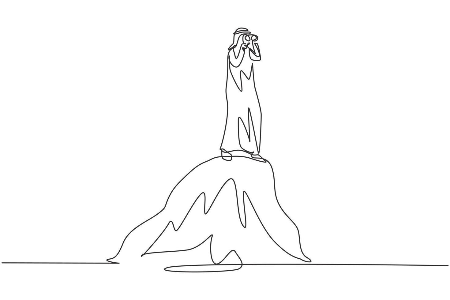 Single continuous line drawing Arab businessman standing on hill while looking at binoculars. Symbol leadership, strategy, mission, objectives. Dynamic one line draw graphic design vector illustration