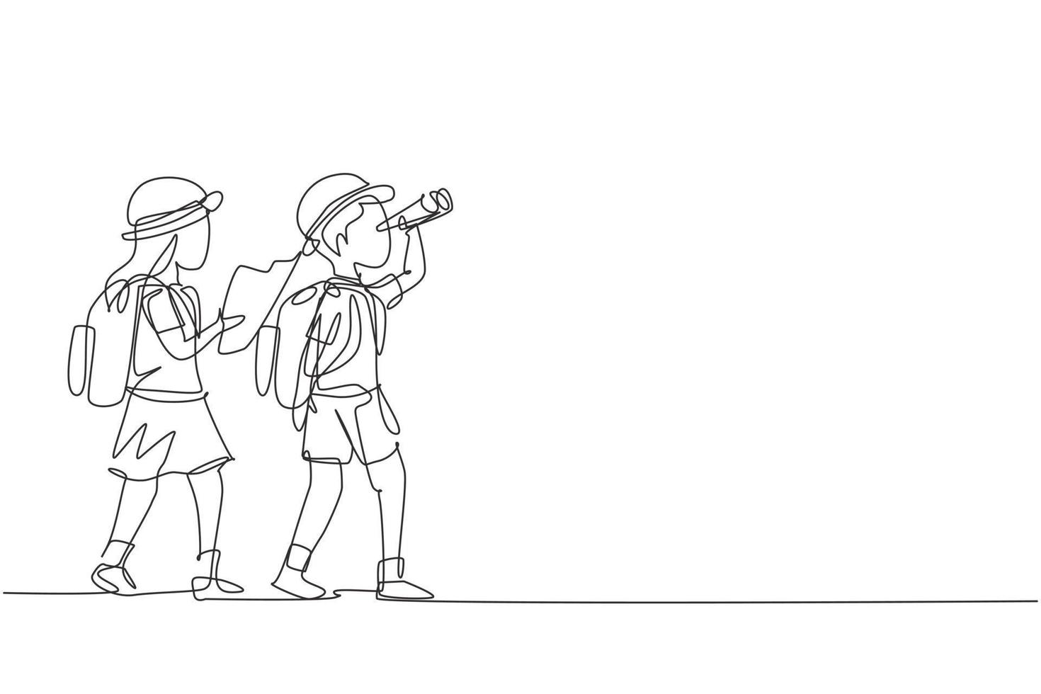 Continuous one line drawing scout boy and girl with binoculars and map. Children scout adventure camping concept. Hiking recreational tourism group. Single line draw design vector graphic illustration