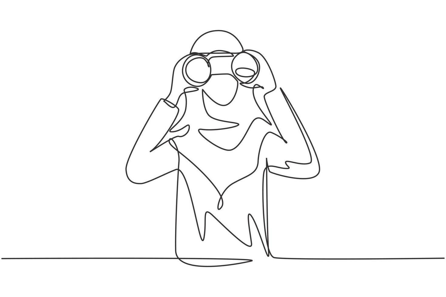 Single continuous line drawing Arab business woman looking through binoculars searching for job. Find all opportunities in the world of suitable jobs. One line draw graphic design vector illustration